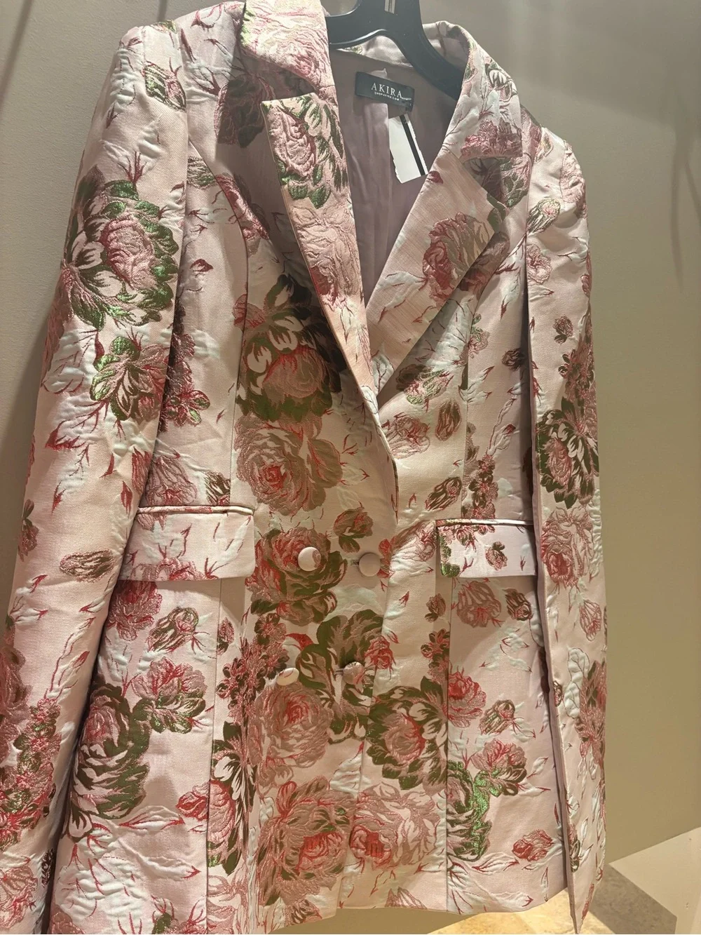 AKIRA Pink and Green Floral Brocade Blazer
